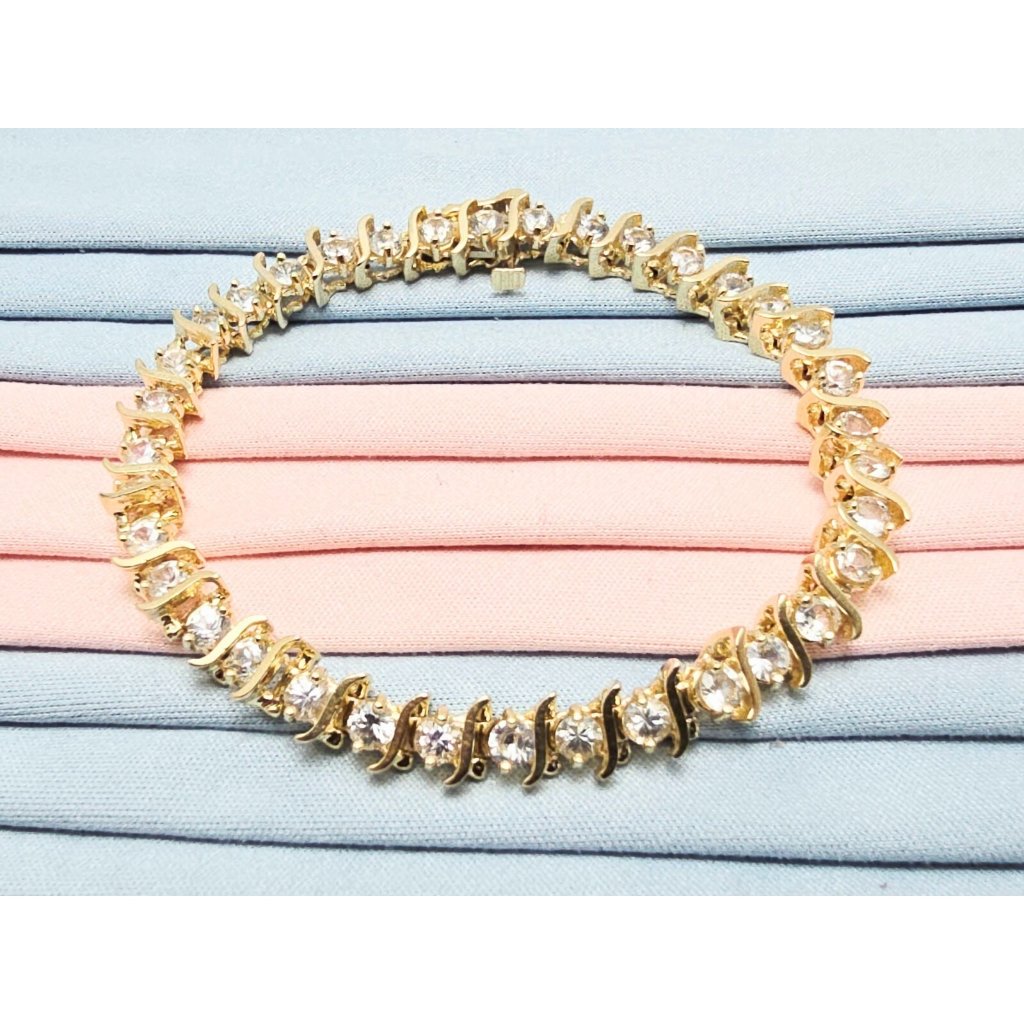 Unique 14k Solid Yellow Gold Designer White Sapphire Tennis Link Bracelet  7 L